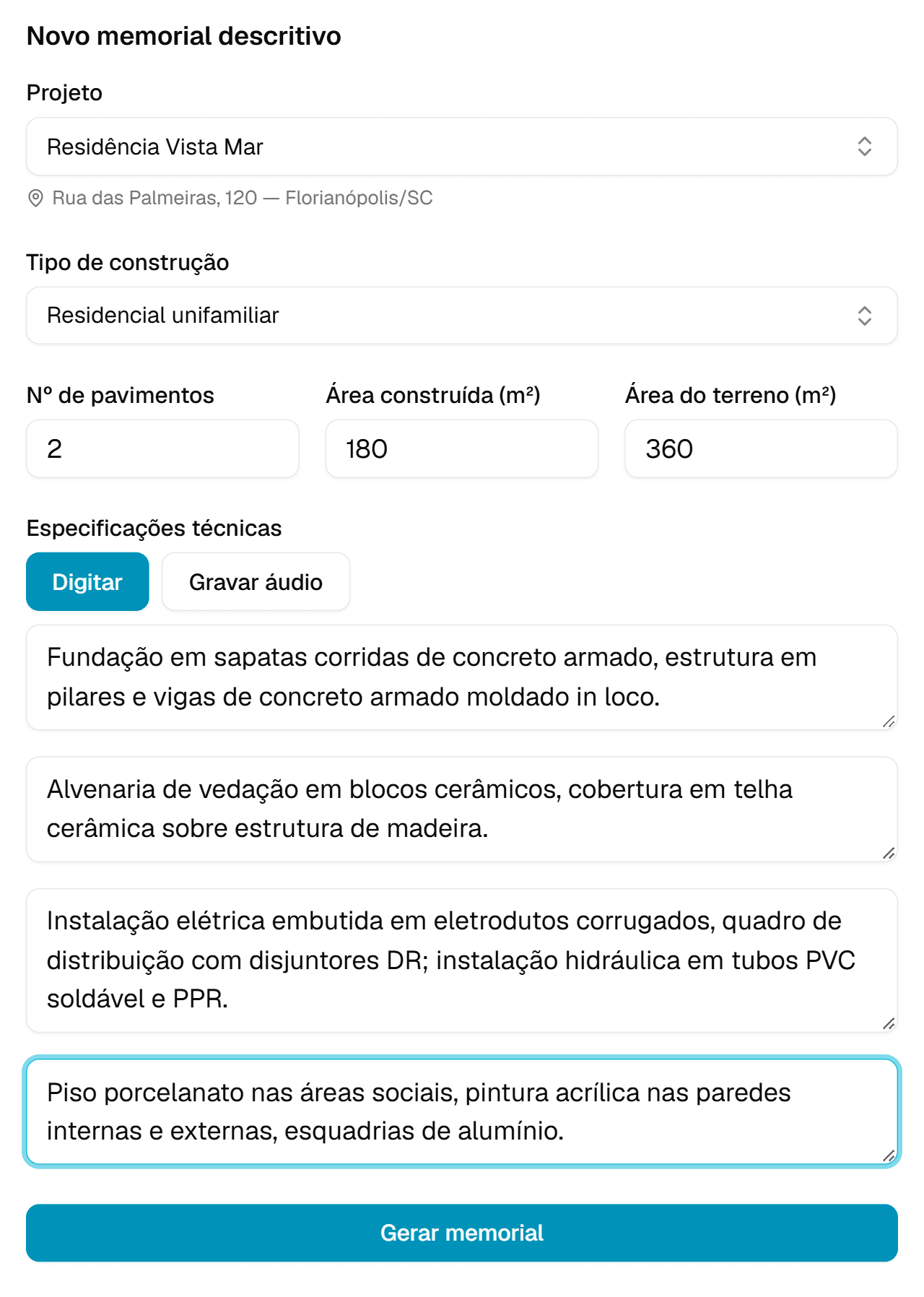 Formulário de criação do Memorial Descritivo no DocObra